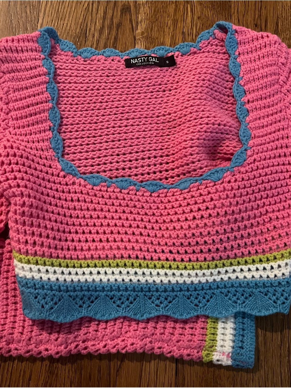 Nasty Gal Pink Crochet Scoop-Neck Sweater with Blue Trim